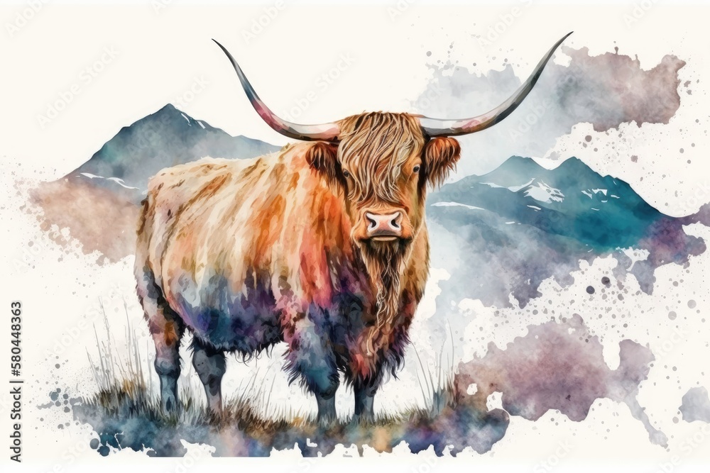 Cattle from Scotland. Highland cow from Scotland. The bull had horns. Isolated with space to write y