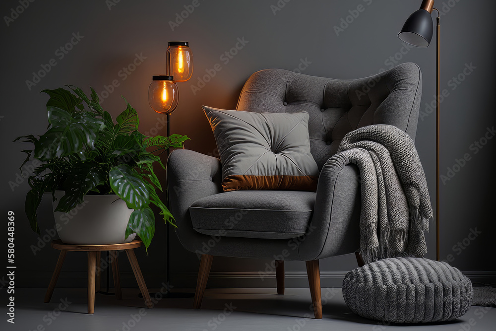 Armchair with pillow glowing lamp plant in pot ottoman. Illustration AI Generative