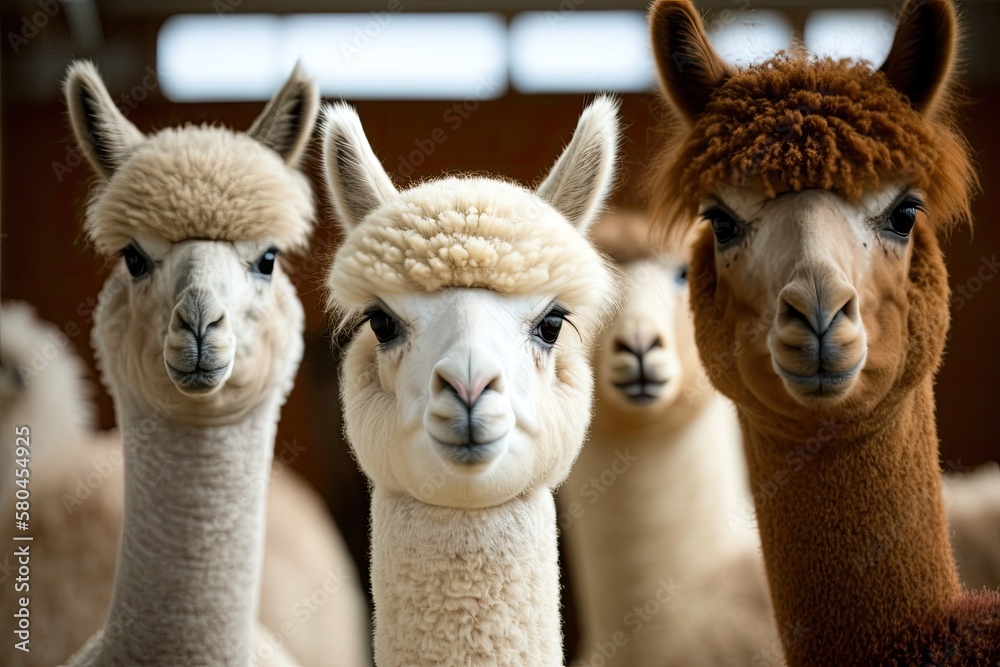 A picture of alpacas at a trade show or exhibition of farm animals. Farming, agriculture, livestock,