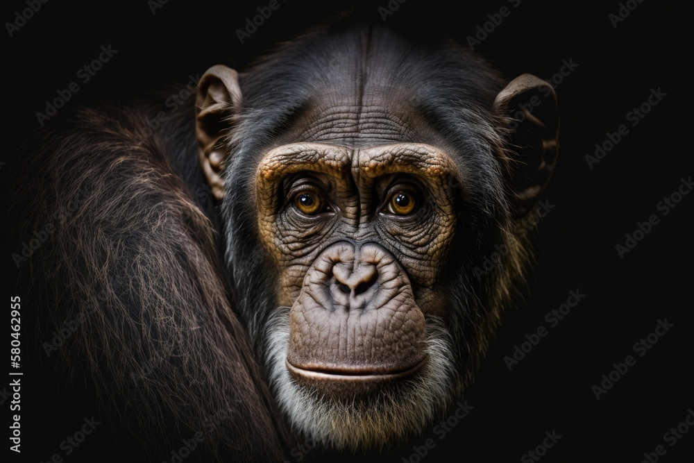 Close up portrait Chimpanzees look straight ahead and are alone on a black background. Generative AI
