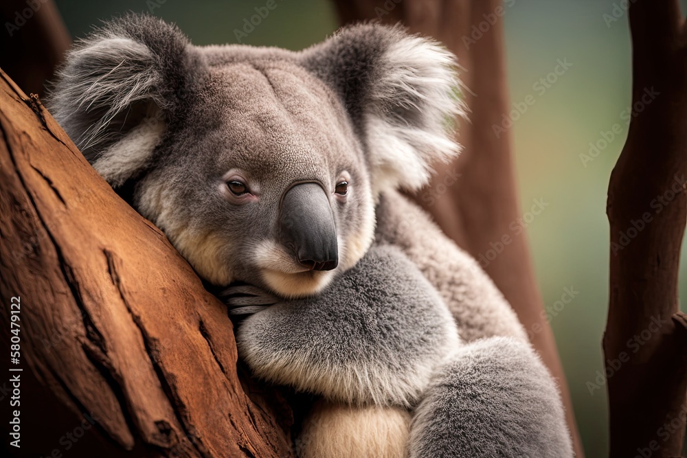 A close up of a koala bear relaxing on a small tree. Generative AI