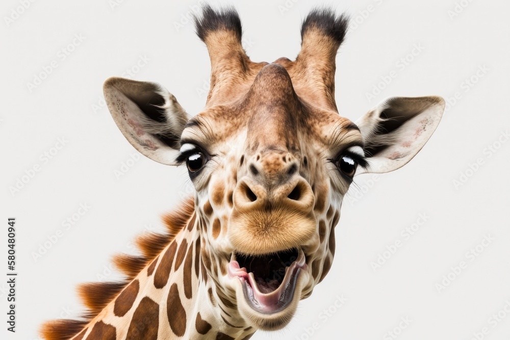 A funny picture of a giraffe sticking out its tongue is shown on a white background. Generative AI