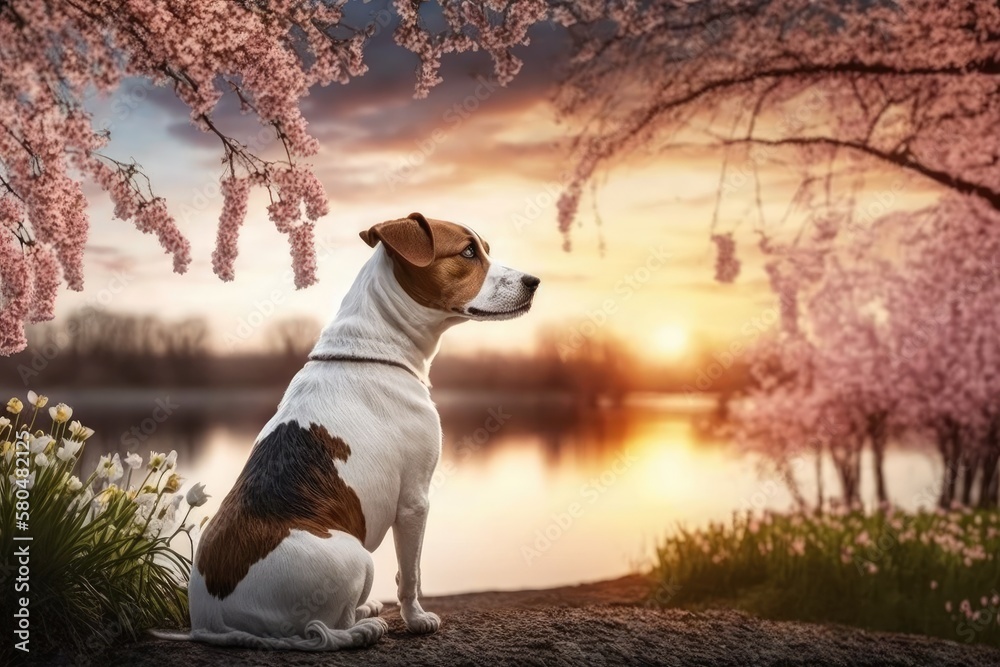A beautiful Jack Russell dog in a park at sunset is shown in a picture. Blossom and spring. Generati