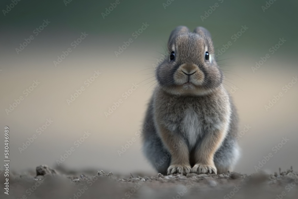Young grey rabbit standing alone in the front, making a face. Generative AI
