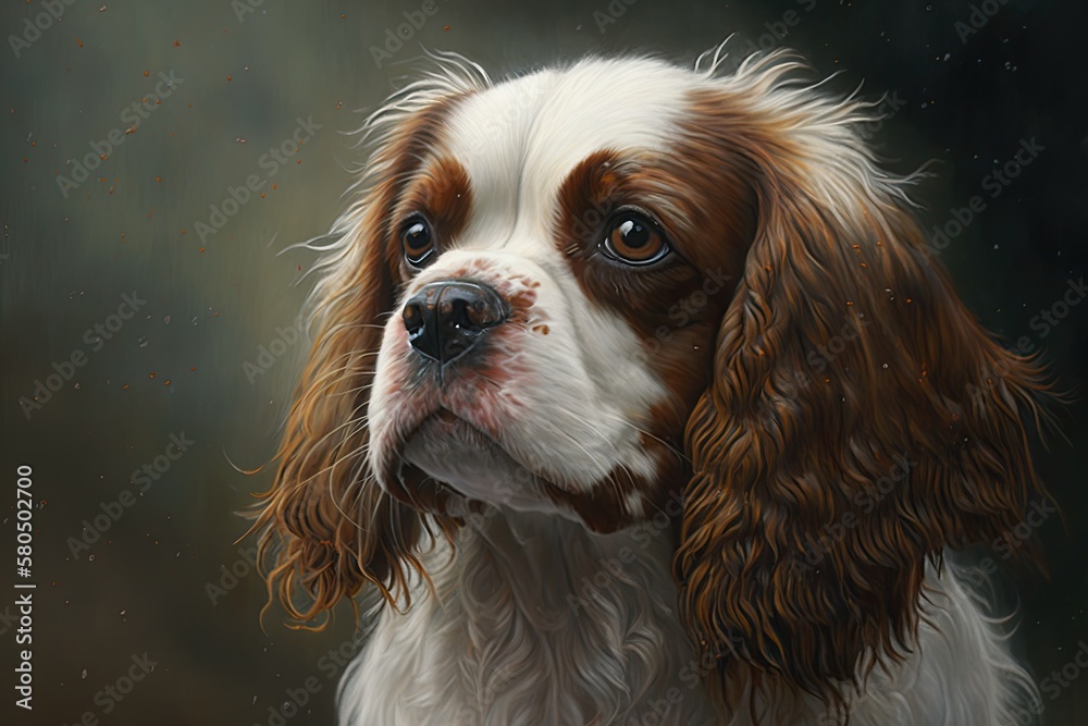 A painting of a white dog with red spots called a King Charles Spaniel. Generative AI