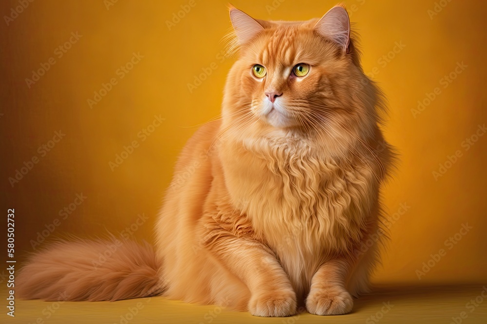 The main idea is that people should love and take care of animals. A ginger cat is posing in a studi
