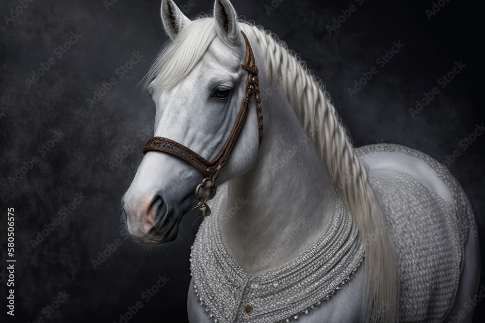 portrait of the most beautiful horse wearing a winter coat, pearl suit of a horse,. Generative AI