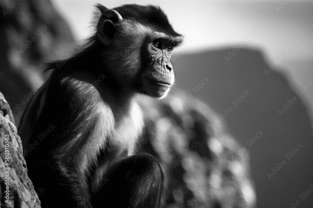 A close up picture in black and white of a Gibraltar Barbary Macaque. Generative AI