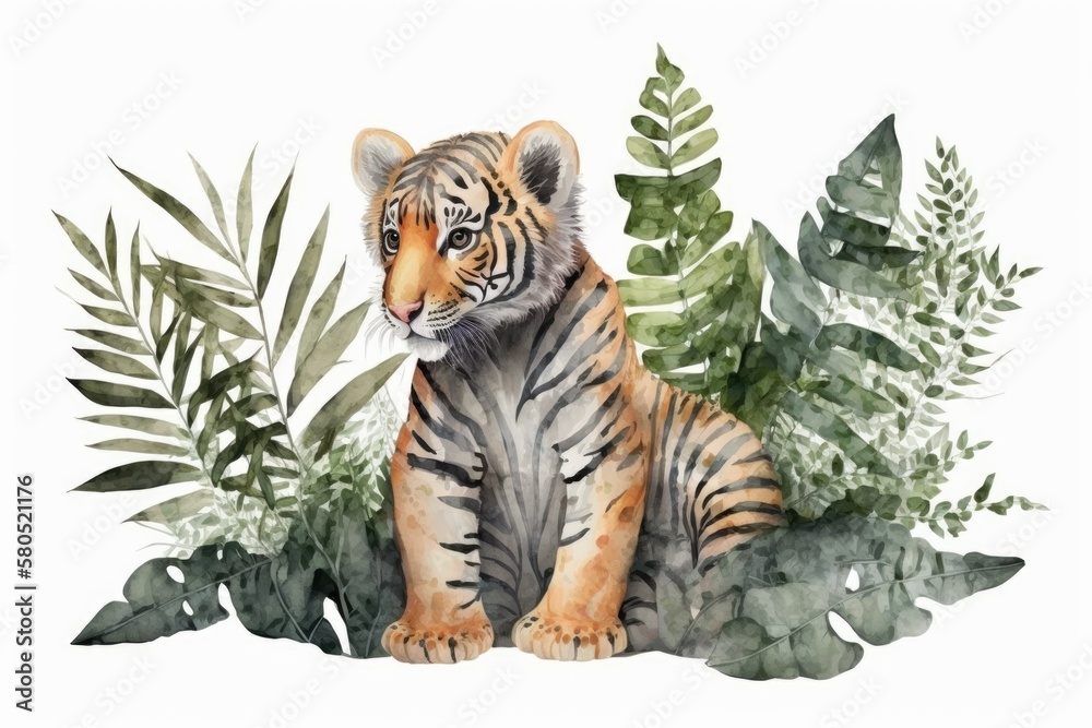 Tiger baby, toy, tiger cub watercolor on white background with tropical leaves and plants. Animal. W