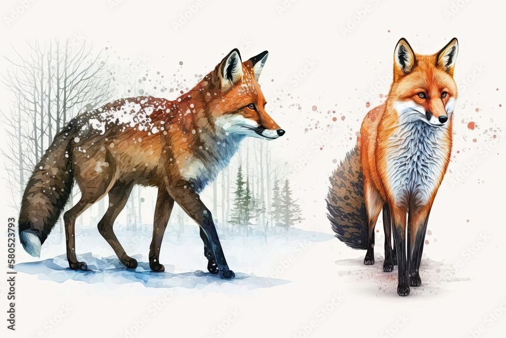 Fox and deer are forest animals. Realistic illustration of a cute red wild fox walking in the winter