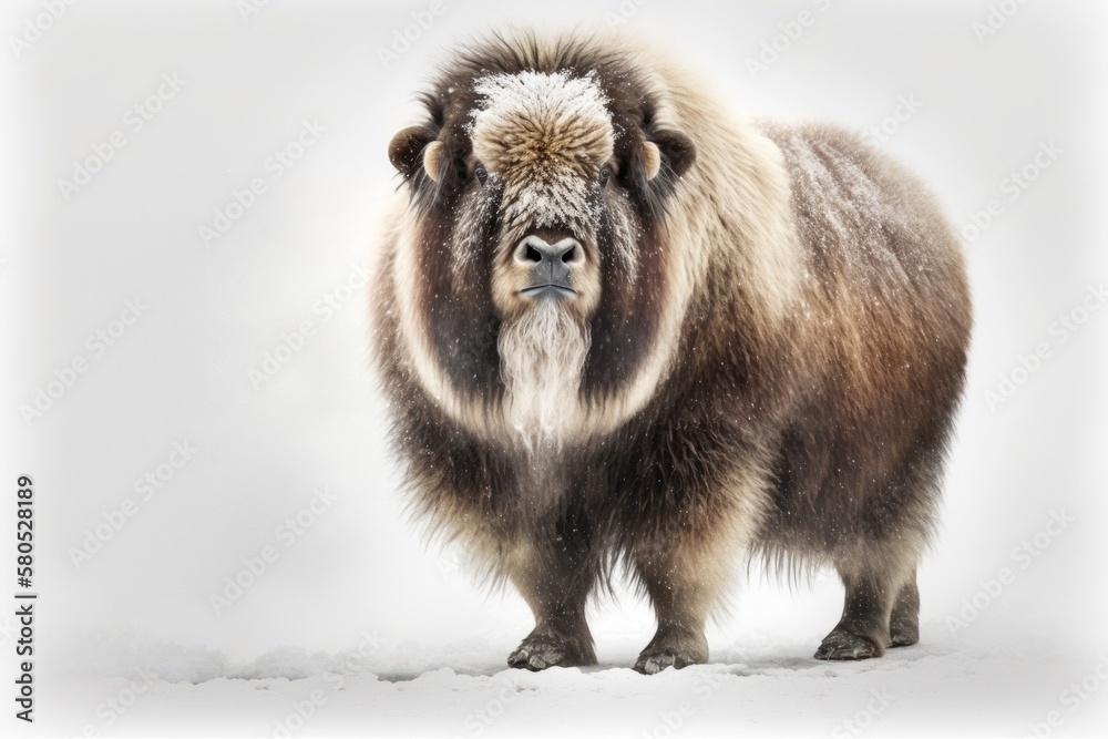 Muskox (Ovibos moschatus) standing alone on a white background with its coat blowing in the winter s