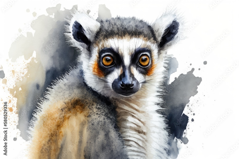 Lemur, watercolor drawing, white background, cute animals. Generative AI