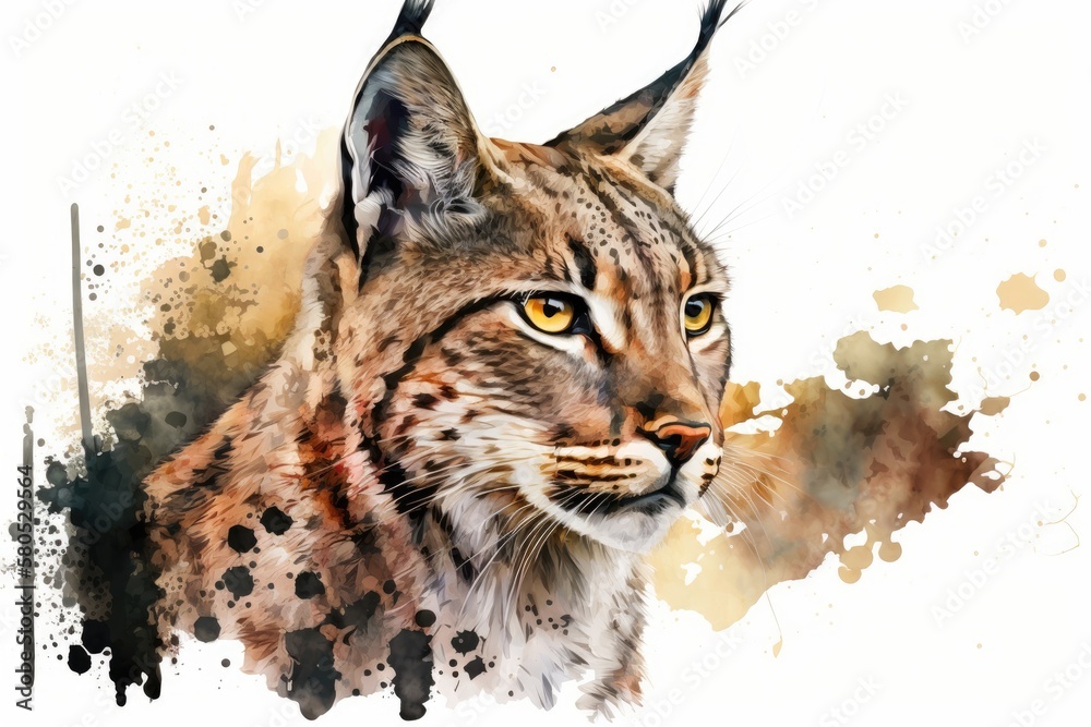 Lynx drawn in watercolor. Portrait on a white background as a picture. Generative AI