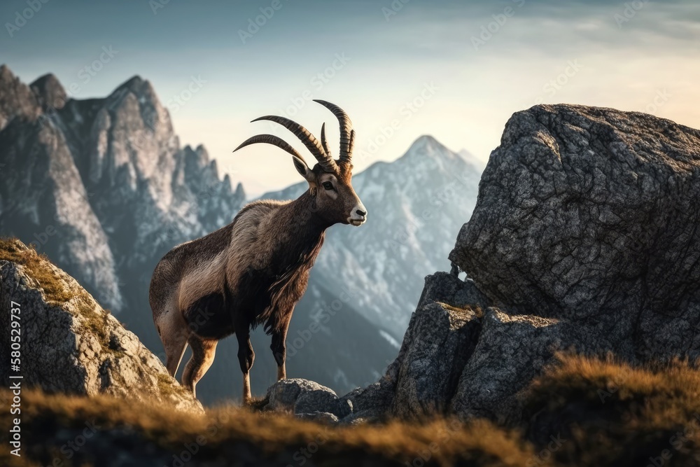 Capra ibex (Ibex) in the mountains. The animals and plants of Europe. Walking in Slovenia. Generativ