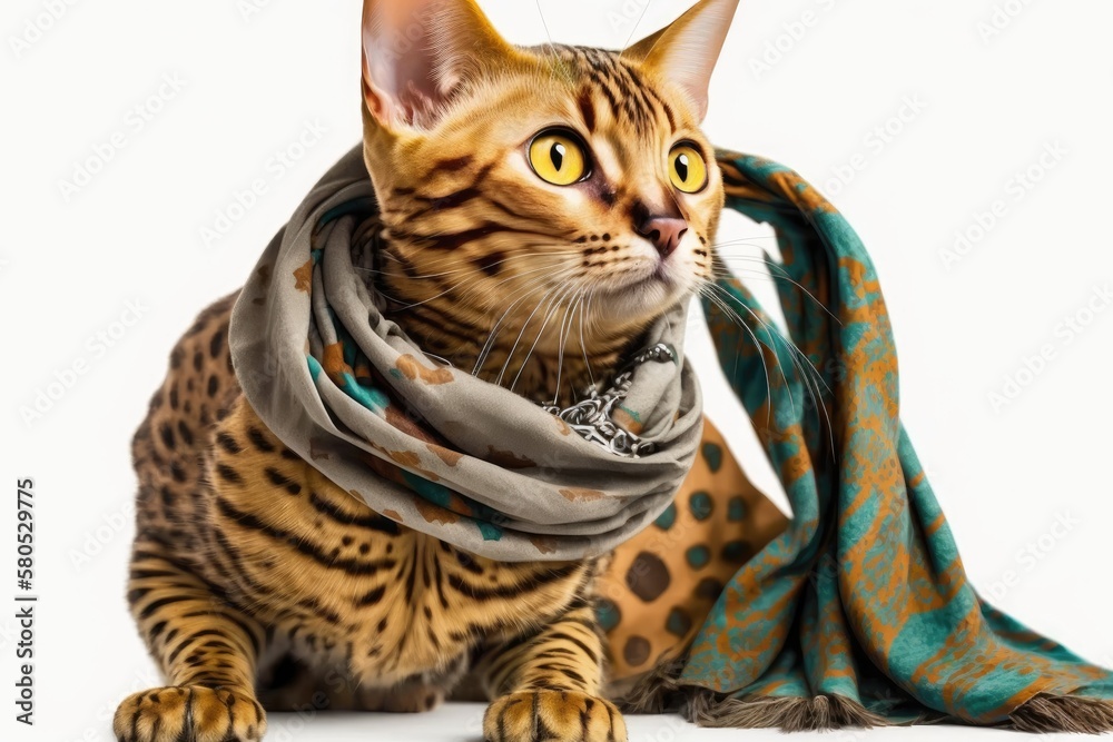 On a white background is a funny Bengal cat wearing a silk scarf. Generative AI