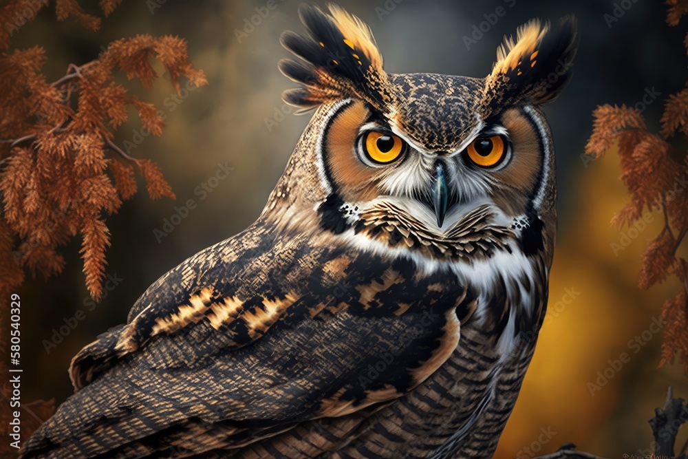 Golden eyes on a Great Horned Owl. Generative AI