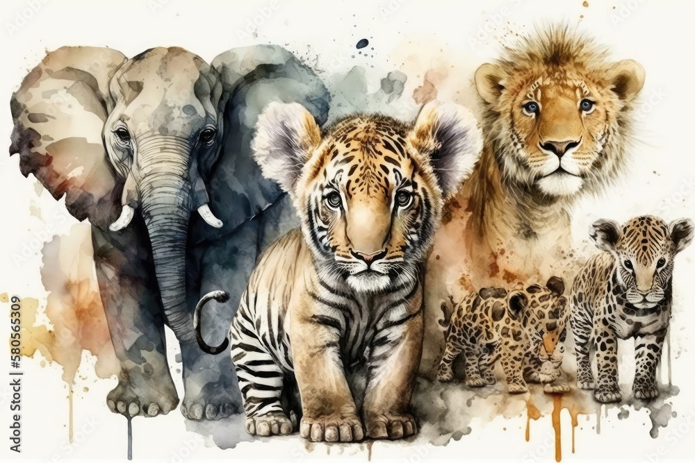 Elephant, tiger, lion, and other cute baby animals are painted in watercolor. Generative AI