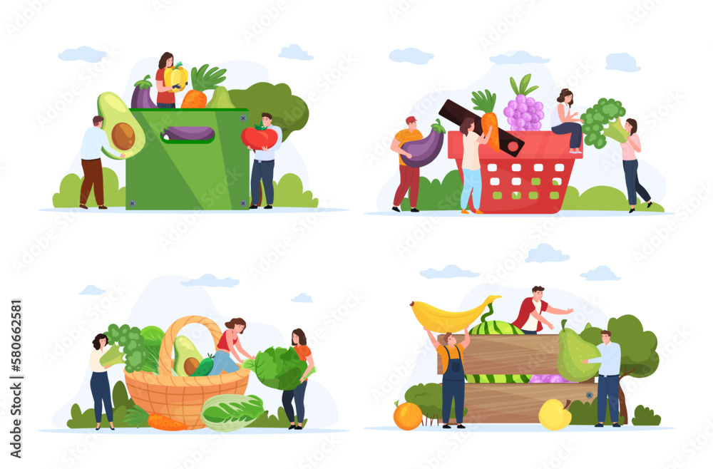 Tiny people vegetables and fruits harvest assembling to basket crate box set vector isometric