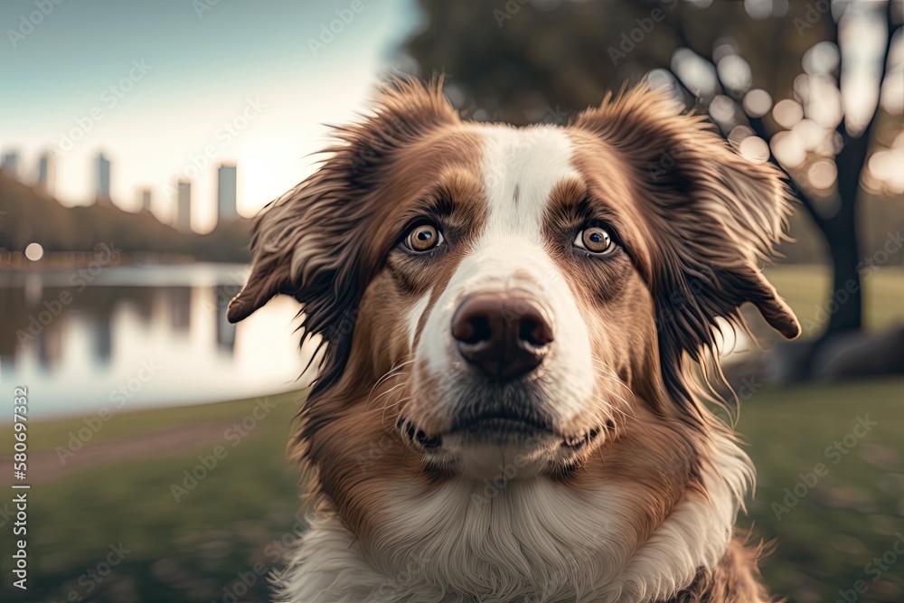 Closeup of an Australian Berger looking at the camera in a city park. Happy dog concept. Generative 