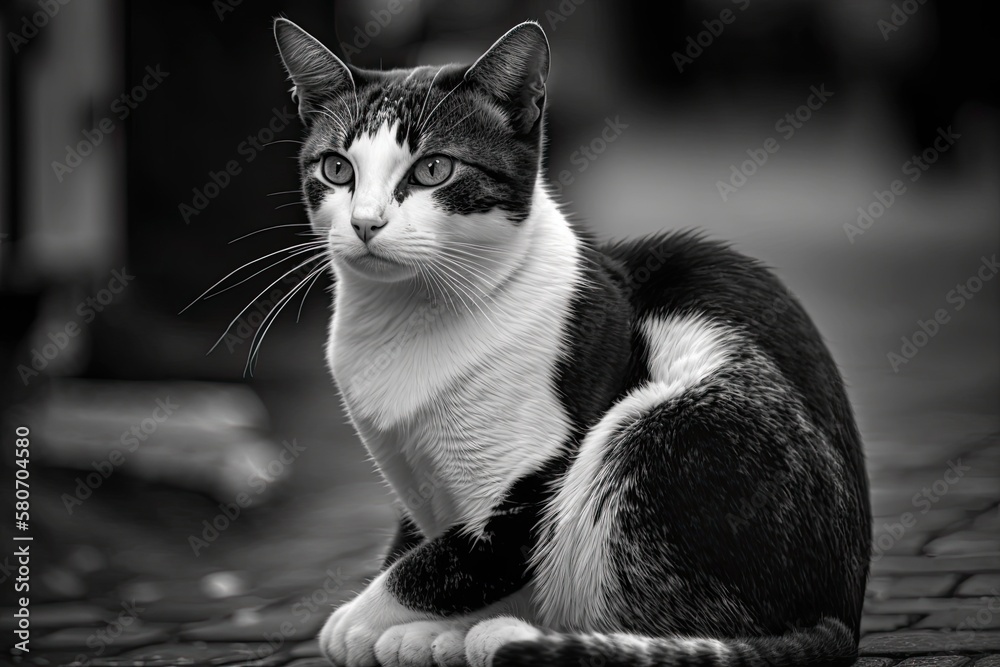 A pretty black and white cat is sitting outside on the street. Close up photograph of an animal. Gen
