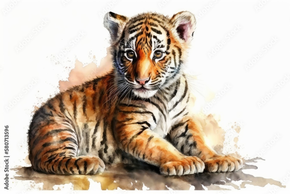 Watercolor of a baby tiger or tiger cub on a white background. Animal. Watercolor. Illustration. Gen