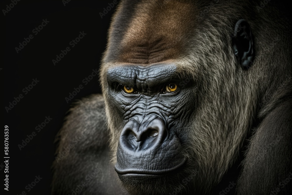 A lovely picture of a gorilla. Male gorilla on black background, closeup face of a gorilla. Generati