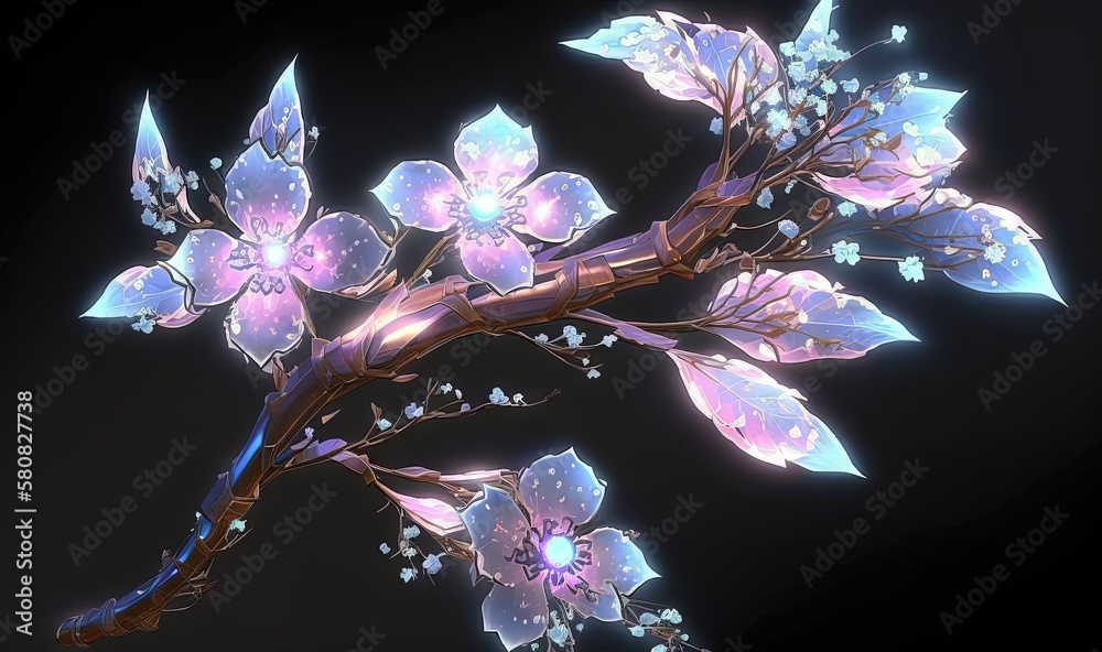  a branch with flowers and leaves on a black background with a blue light coming from the center of 