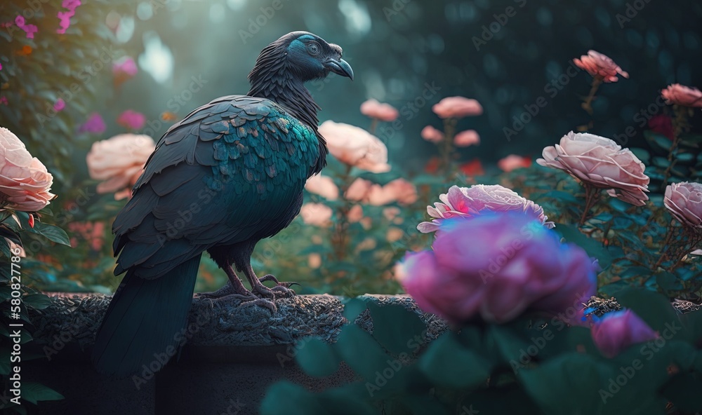  a black bird sitting on a rock surrounded by pink and purple flowers and flowers in the foreground,