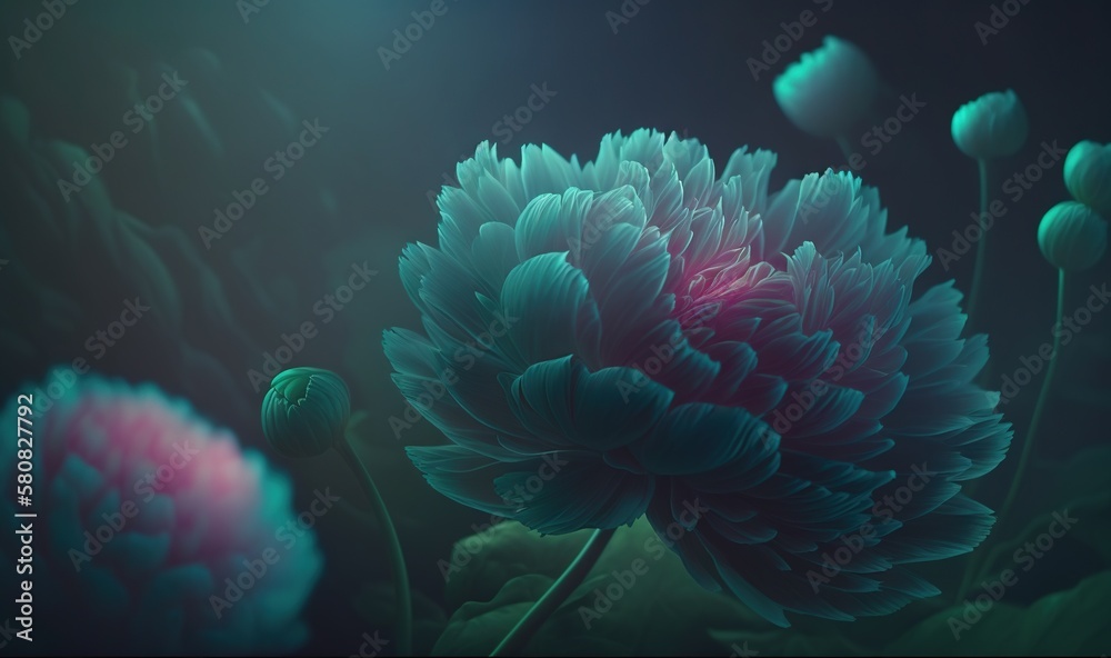  a close up of a flower with a blurry back ground and a dark background with a green center and a pi