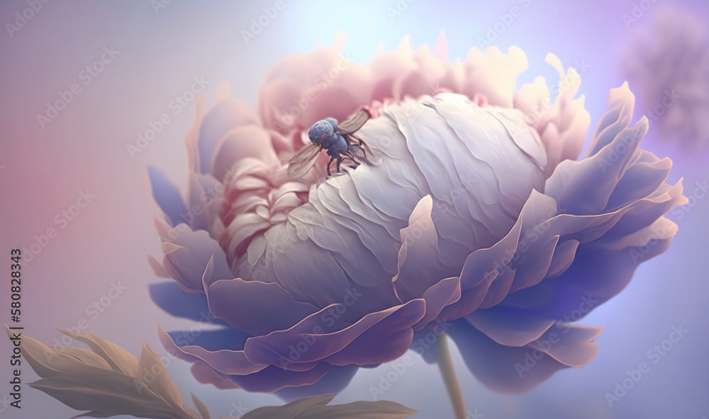  a large flower with a bug sitting on its center of its blooming petals, with a blue sky in the ba