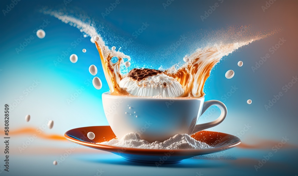  a cup of coffee with a splash of liquid in it on a saucer with a saucer on a saucer on a blue backg