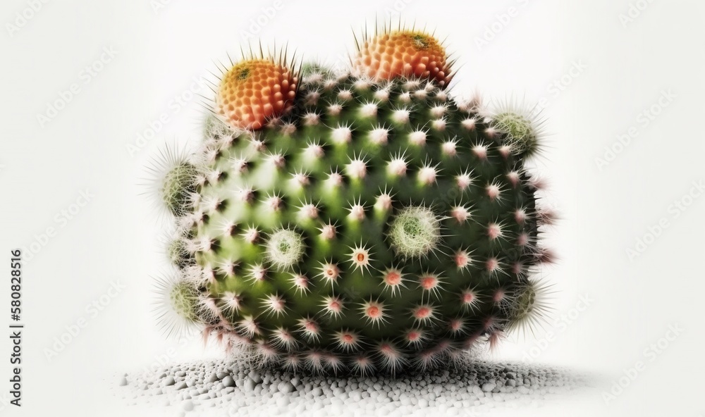  a green cactus with two orange flowers on its top and a white background with a small amount of di