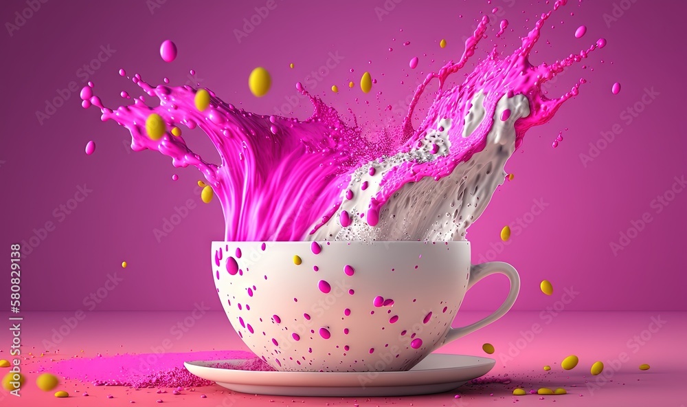  a cup of coffee with a splash of pink liquid in it on a pink surface with yellow and yellow drops o
