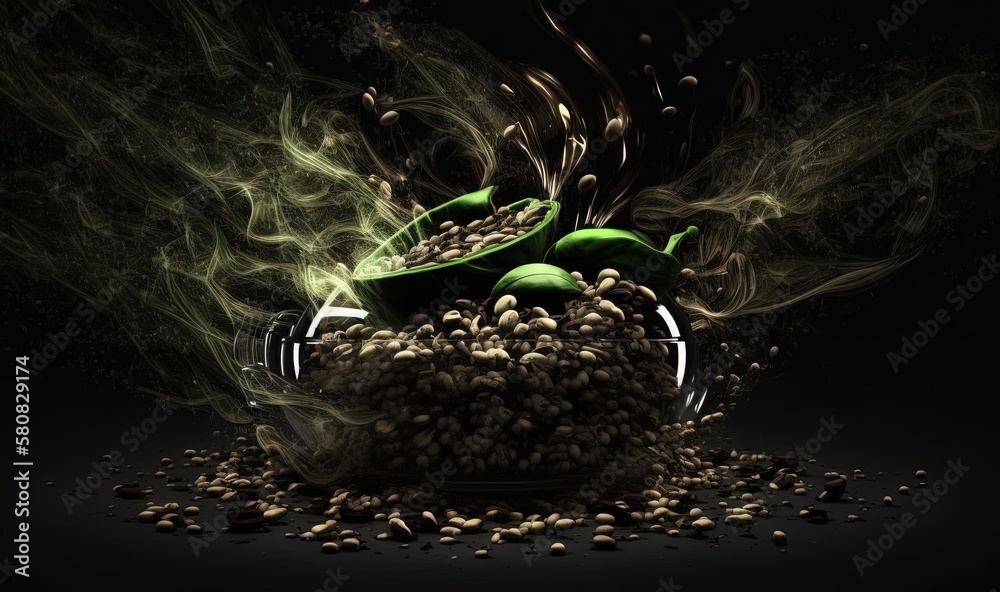  a pot filled with lots of beans and a green plant growing out of the top of the pot with smoke comi