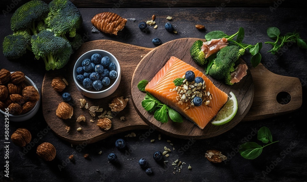  a wooden cutting board topped with a piece of fish next to a bowl of blueberries and broccoli next 