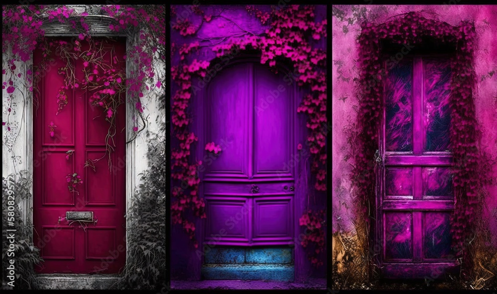  a series of three doors with vines growing on them and a purple door with pink flowers on the outsi
