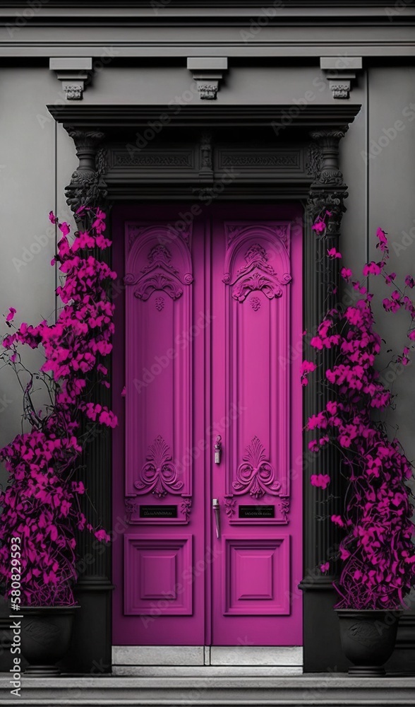 a purple door with two planters on either side of it and a pink door with two planters on either si