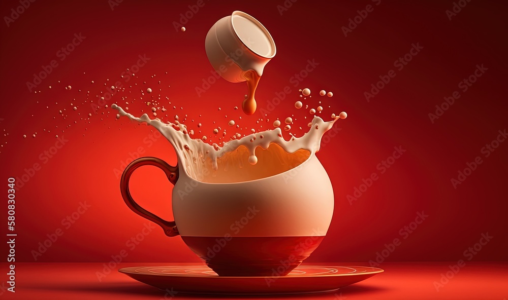  a splash of orange juice into a cup on a saucer on a red background with a red background and a red
