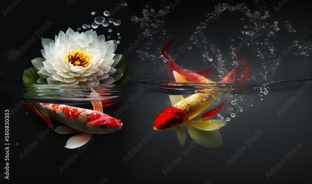  a couple of fish swimming next to each other in a body of water with a flower on top of the fishs 