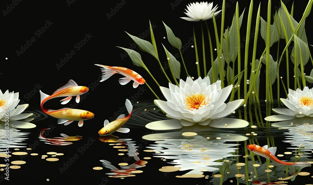  a group of fish swimming in a pond with lily pads and reeds in the water, with a black background a