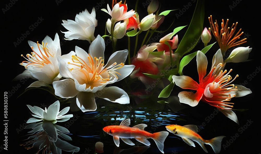  a vase filled with white and orange flowers and a goldfish swimming in the water next to it on a bl