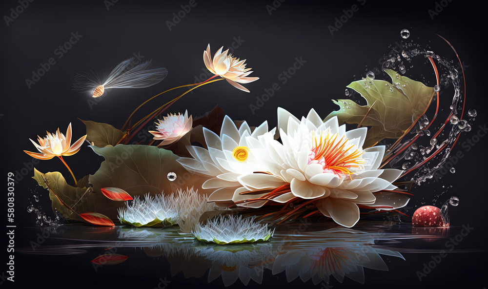  a group of flowers floating on top of a body of water with a dragon flying above them on a black ba