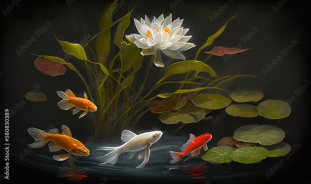  a group of fish swimming in a pond with lily pads and water lillies in the background, with a white