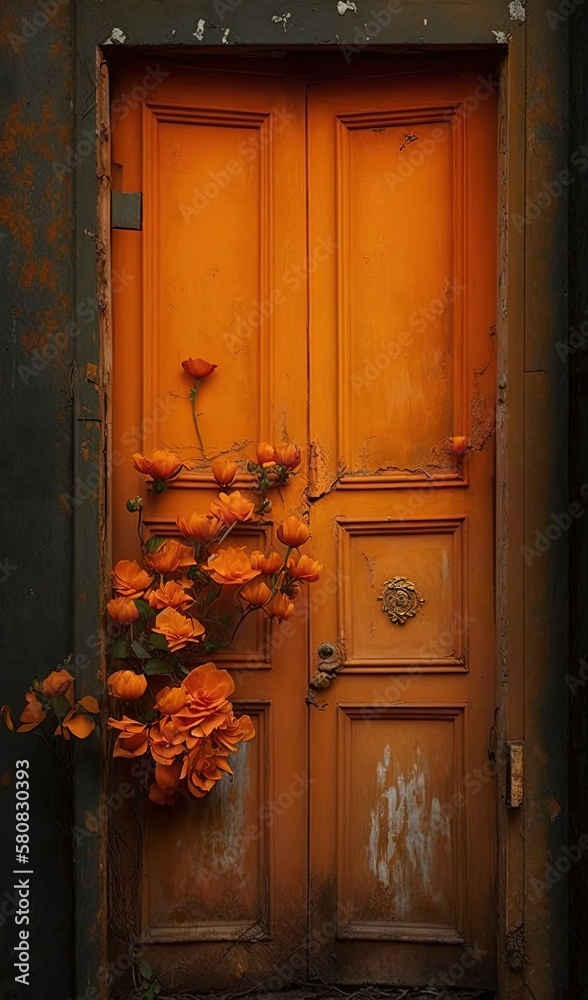  an orange door with a bunch of flowers on the side of it and a vase of flowers in front of the door