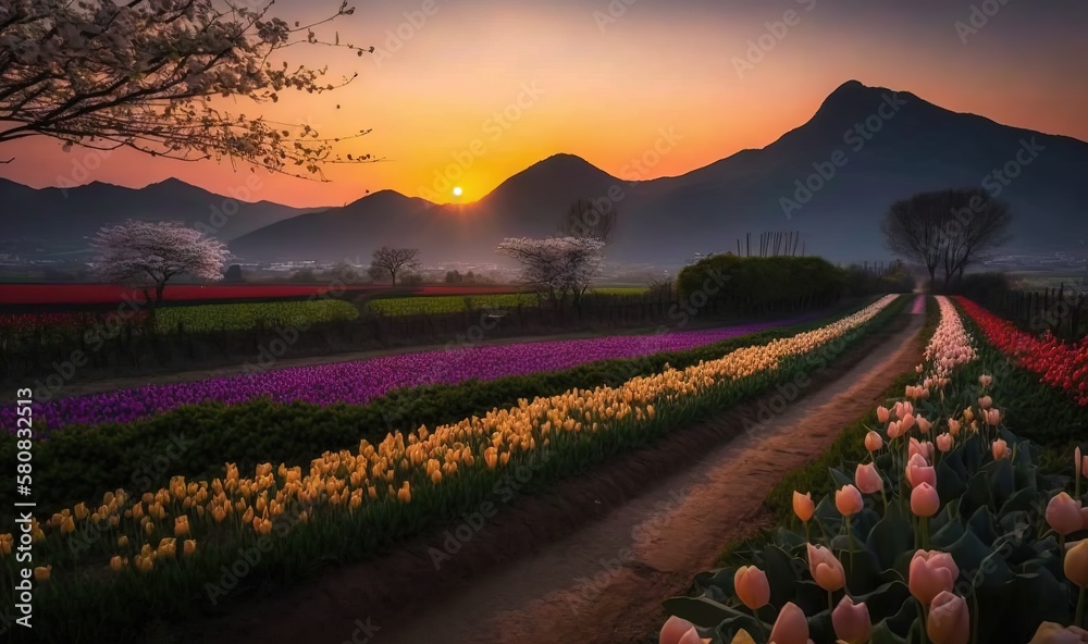 a field of tulips and other flowers with a sunset in the background with mountains in the distance 