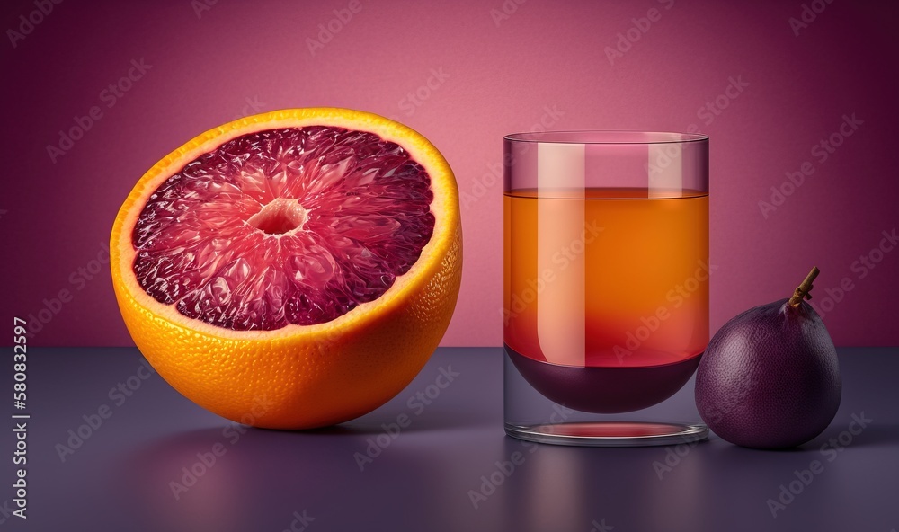 a grapefruit and a glass of water on a table with a purple background and a purple background with 