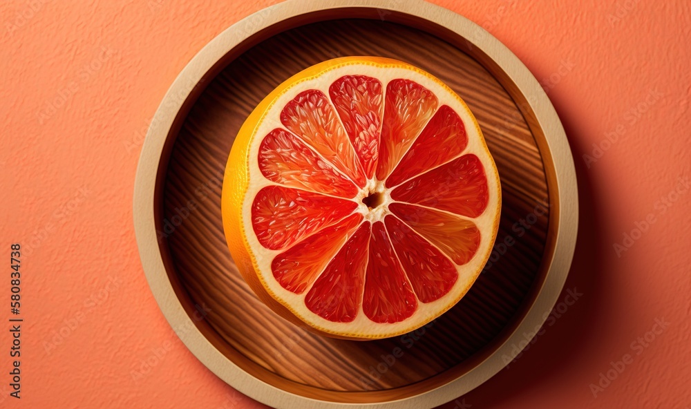  a grapefruit cut in half in a bowl on a pink wall with a brown rim and a light orange wall in the b
