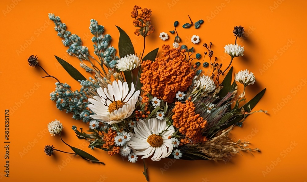  a bouquet of flowers on an orange background with leaves and flowers on the bottom of the bouquet a