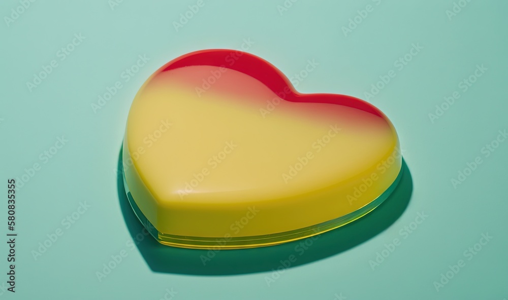  a heart shaped container sitting on top of a blue surface with a red and yellow heart on top of the