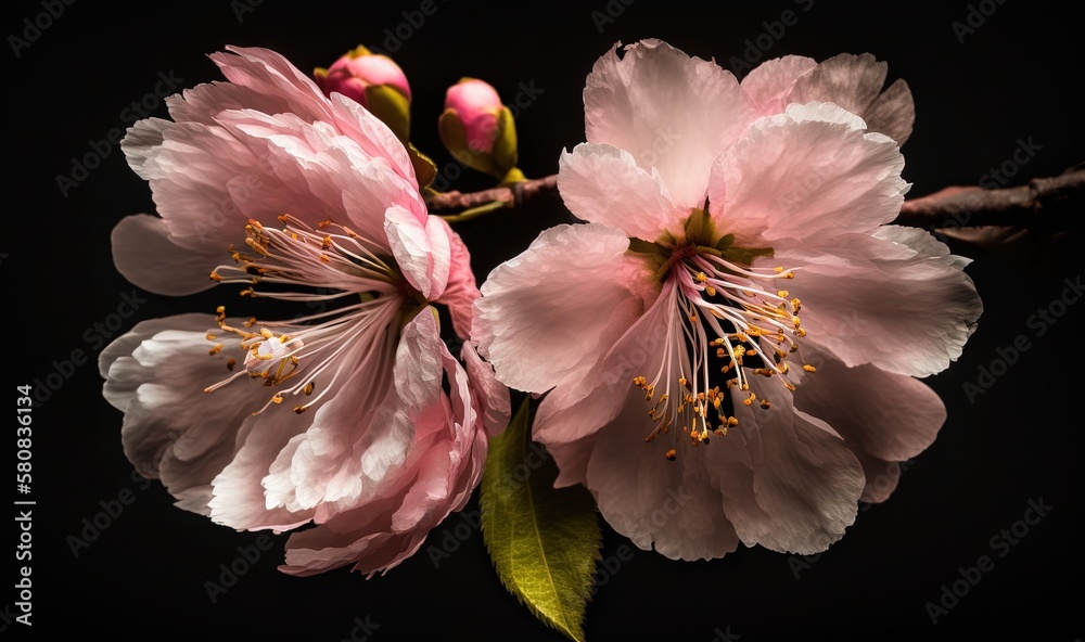  a close up of two pink flowers on a black background with a green leafy branch in the center of the